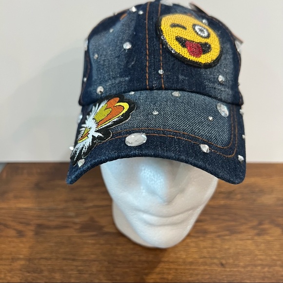 Blingy Denim Baseball Cap Rhinestones, Embroidery Smiley Face Sophia Collection - Picture 5 of 9
